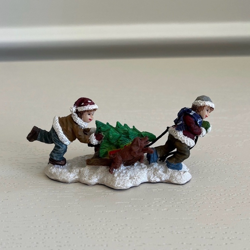 Christmas Village Figurine – Children & Dog Pulling Tree on Sled | Winter Scene